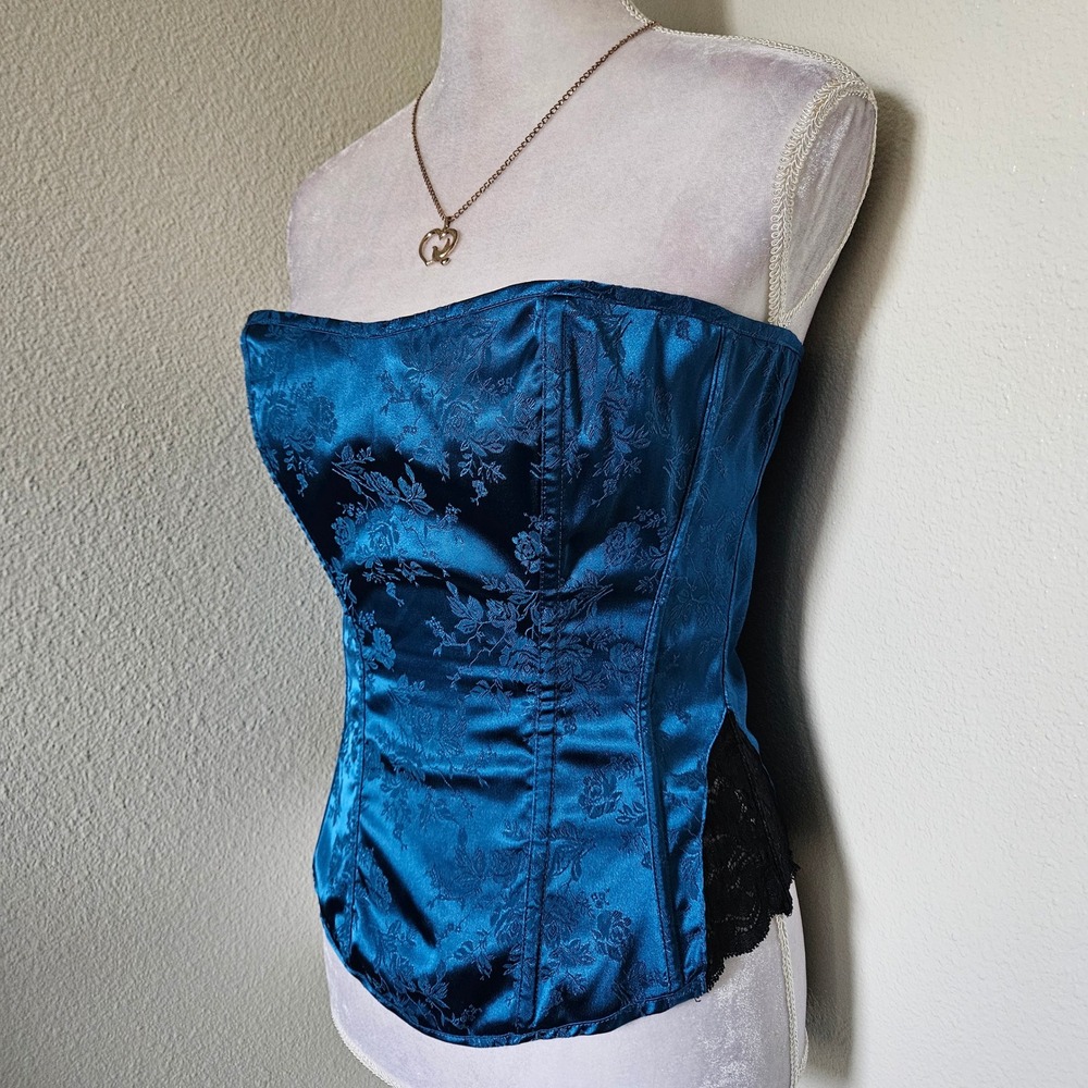 Fredericks of Hollywood Teal Blue Floral Satin Lace Corset Bustier Top